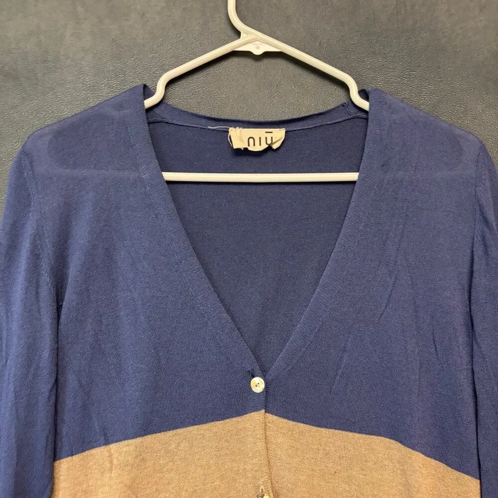Niu Made in Italy Colorblock Cardigan Blue Tan V-Neck Medium Button Down Preppy - Picture 5 of 12